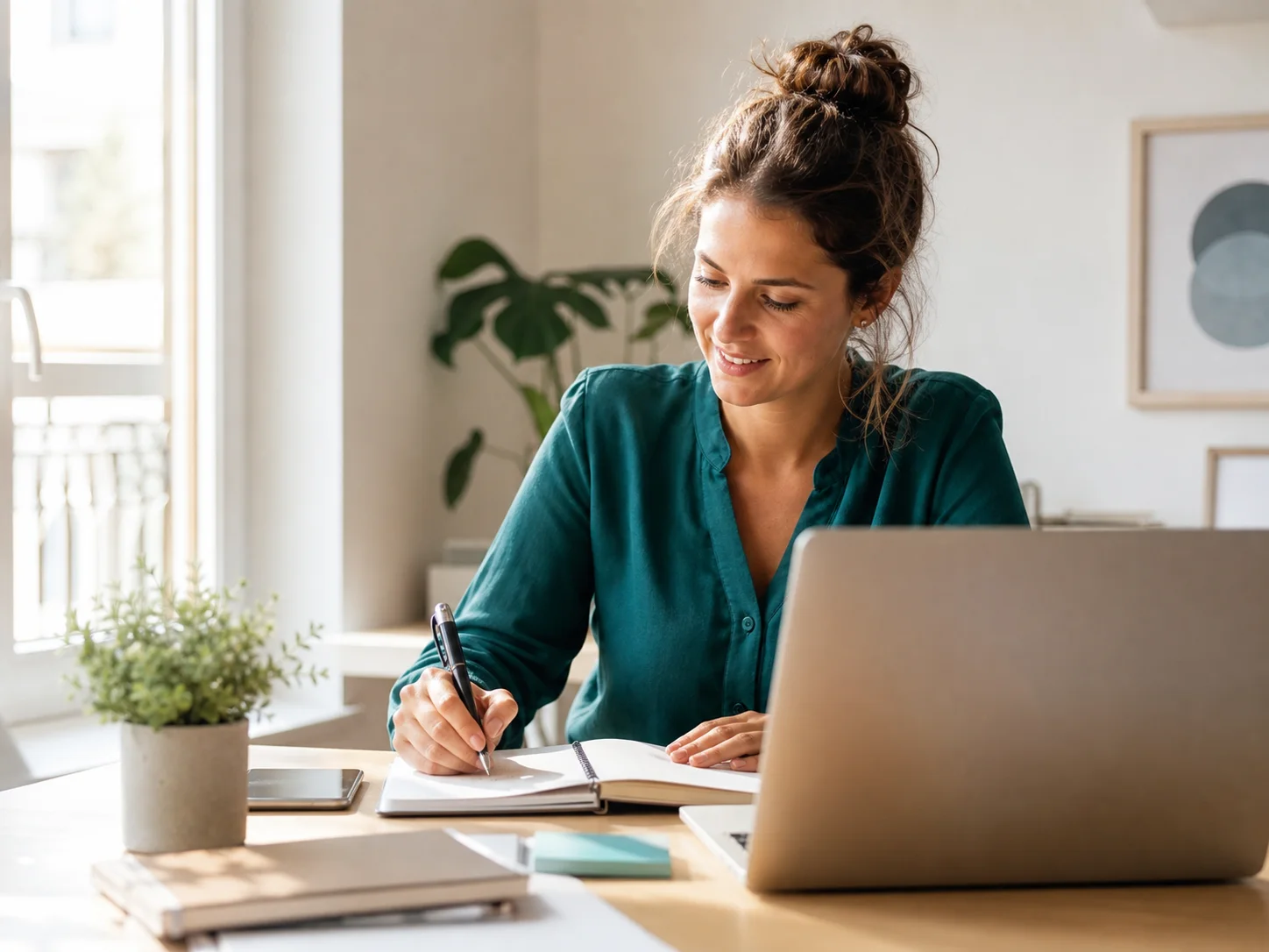 An independent professional reviewing notes after a client call