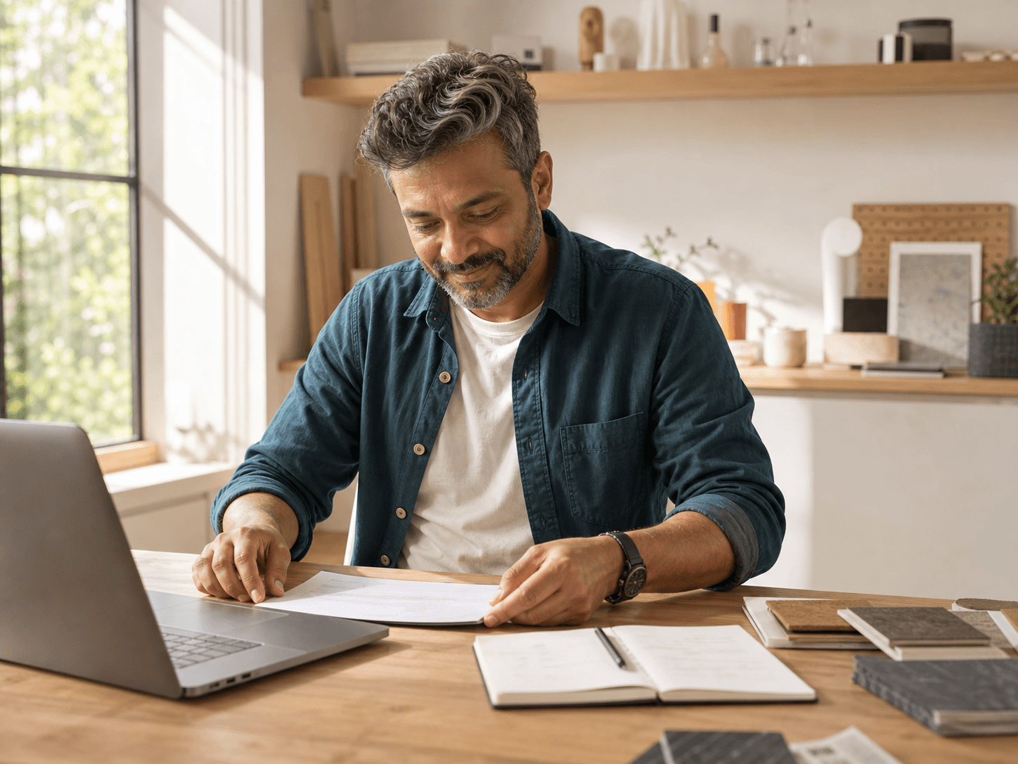 An independent designer completing client paperwork at his studio desk