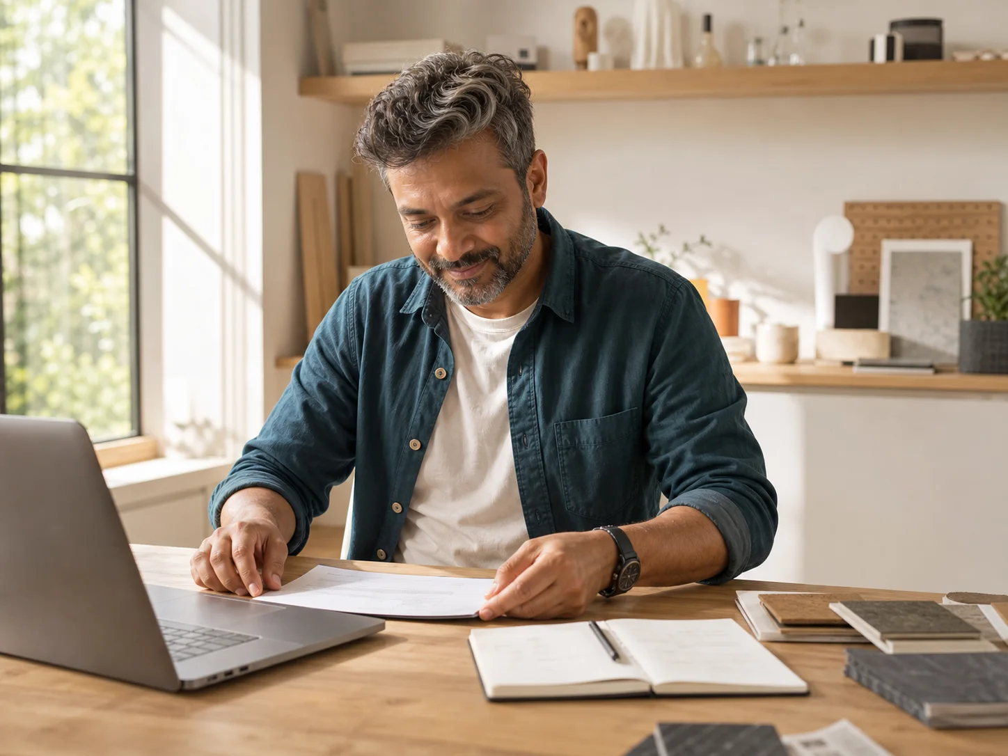 An independent designer completing client paperwork at his studio desk