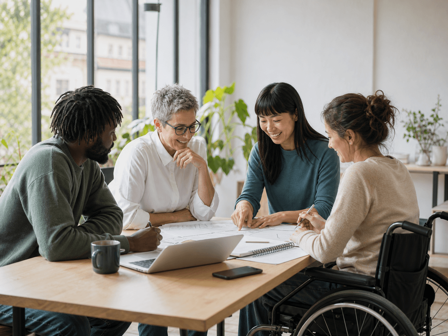 A mixed-age team reviewing a project plan together in a bright, accessible studio
