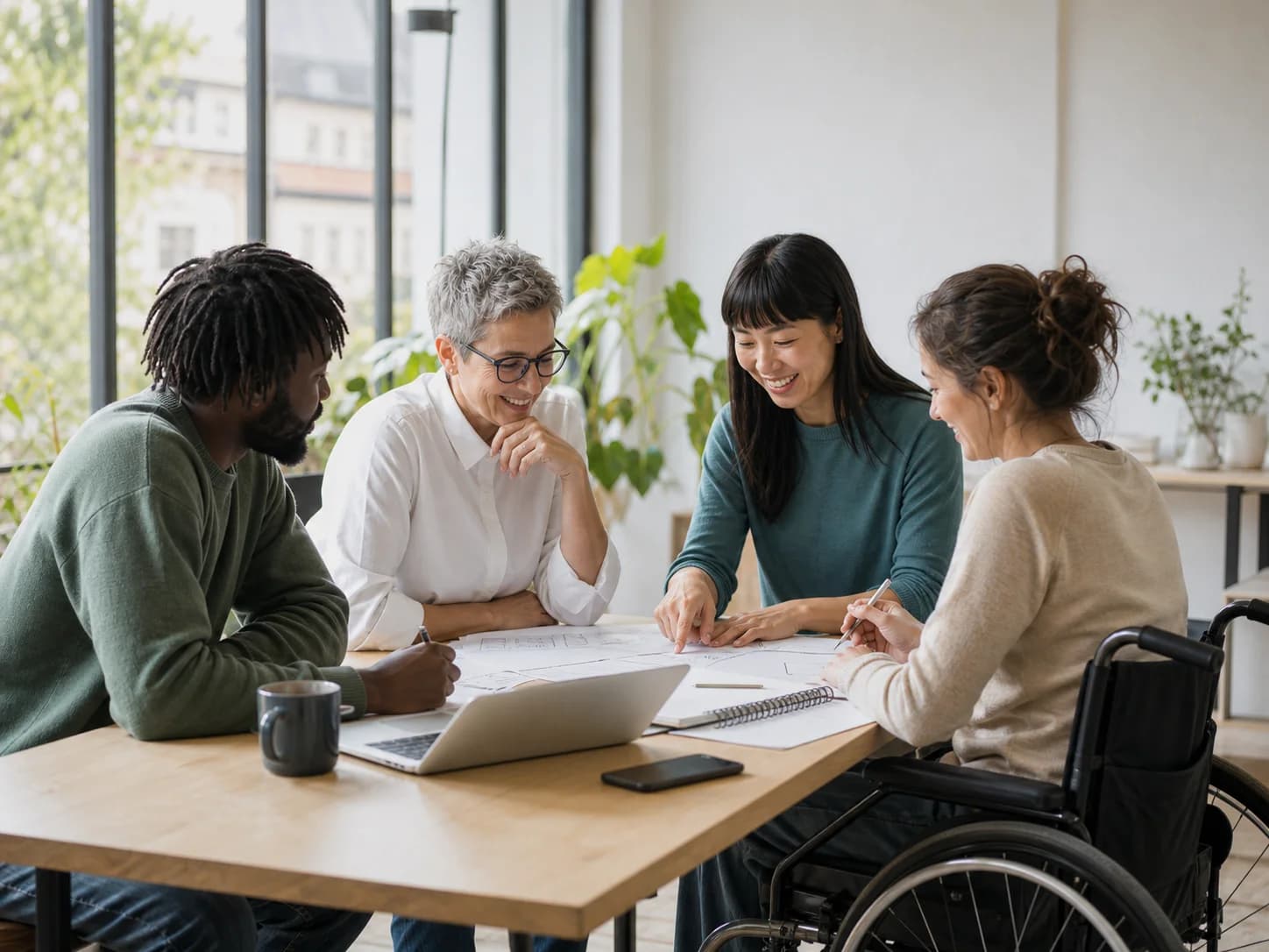 A diverse team reviewing a project plan together in a bright studio