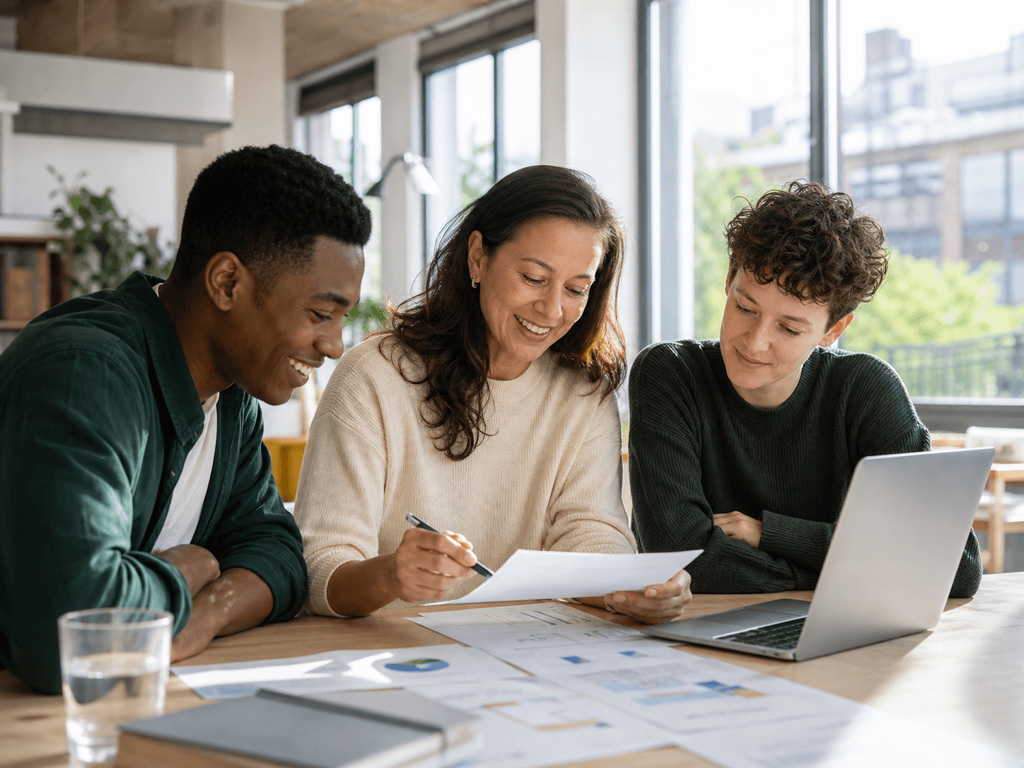 Three colleagues reviewing a client report together in a sunlit studio