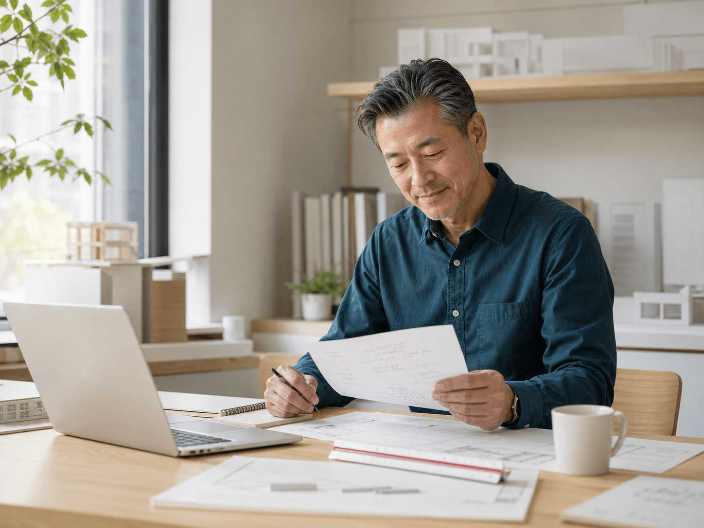 An experienced architect reviewing the notes from his workday in a bright studio