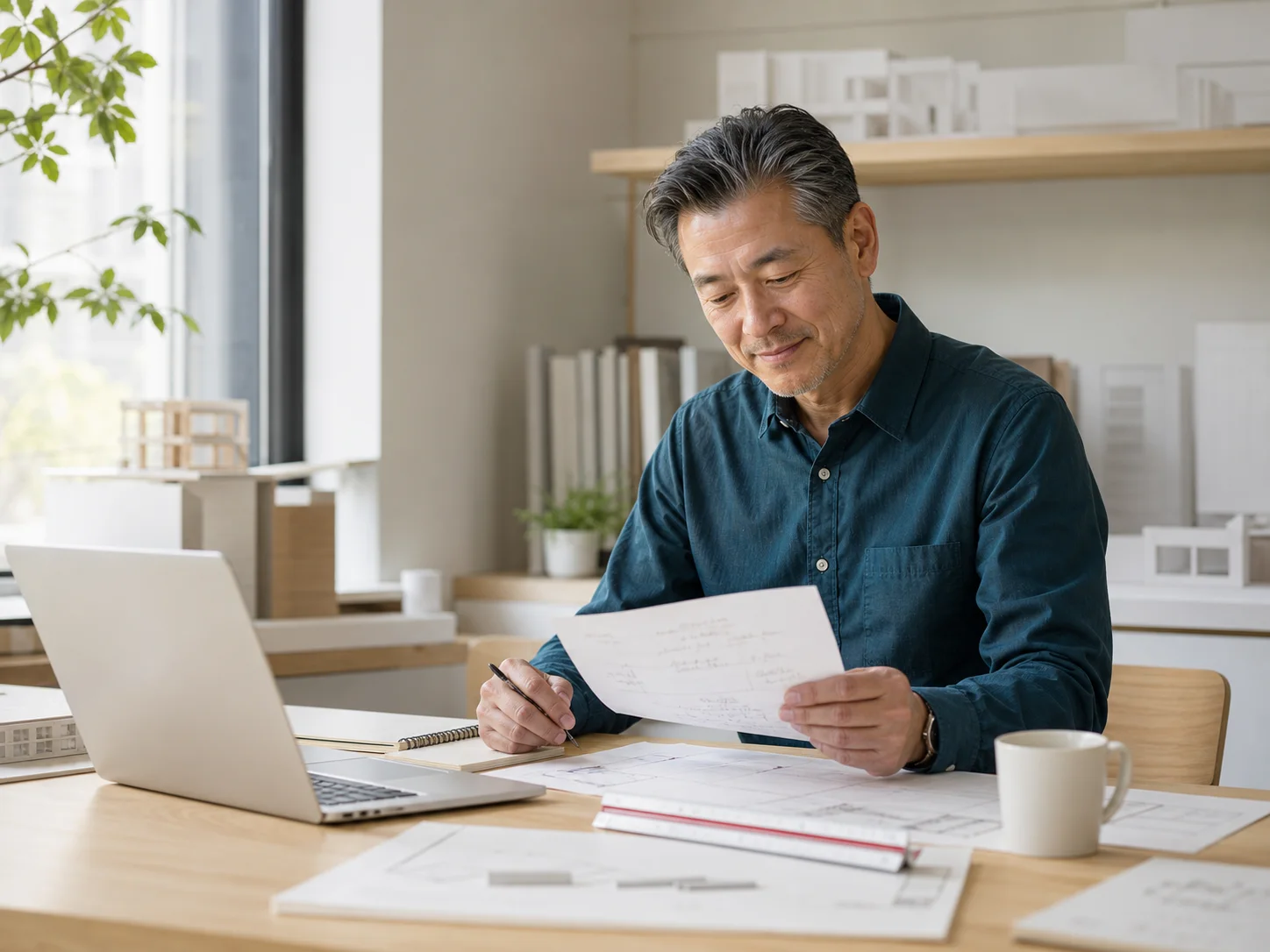 An experienced architect reviewing the notes from a completed workday